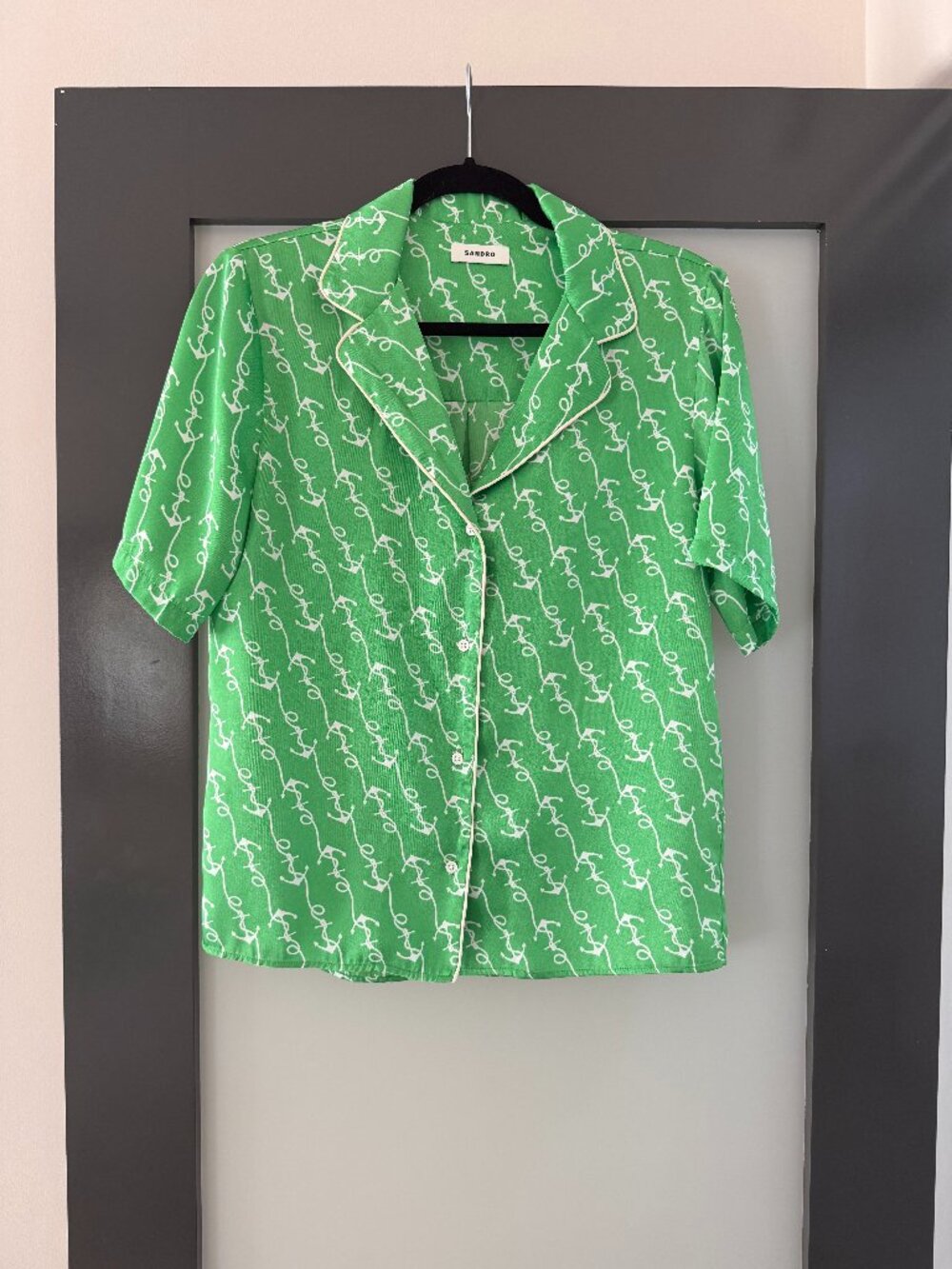 Sandro short sleeve button down green with white anchors (size 0)